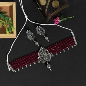 Rani Color Choker Oxidised Temple Necklace Set
