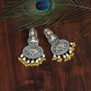 Yellow Color Stone Dual Tone Oxidised Silver Earrings
