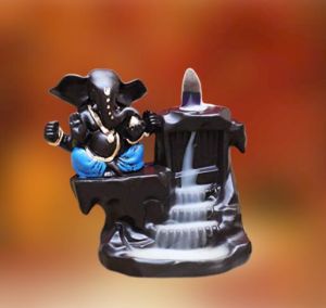 Ganesha Smoke Fountain Backflow Waterfall Cone Incense Holder Showpiece Statue with 20