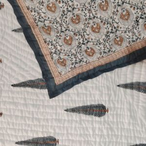 Hand Block Printed Grey Leaf Quilt