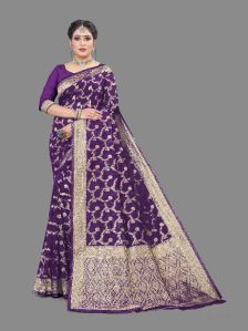 Purple Cotton Banarasi Silk Saree