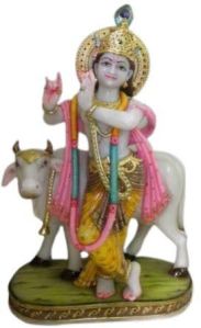 Marble Krishna Statue with Cow