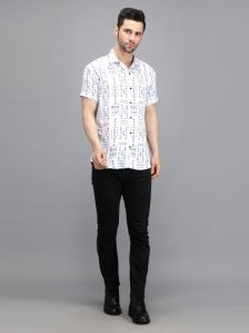 White Blue Mens Printed Shirt