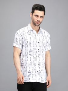 White Blue Mens Printed Shirt