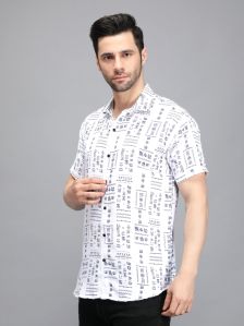 White Blue Mens Printed Shirt