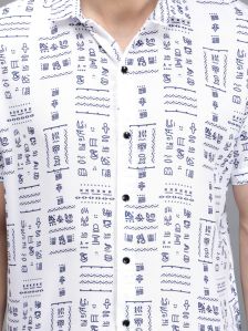 White Blue Mens Printed Shirt