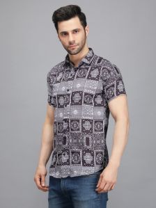 Men Short Sleeve Black Box Printed Shirt