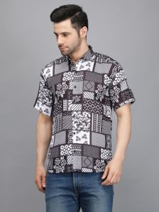 Men Short Sleeve Black Flower Box Printed Shirt