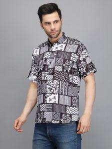 Men Short Sleeve Black Flower Box Printed Shirt