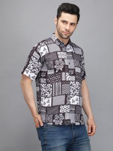 Men Short Sleeve Black Flower Box Printed Shirt