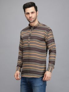 Black & Yellow Rajwadi Printed Men Short Kurta