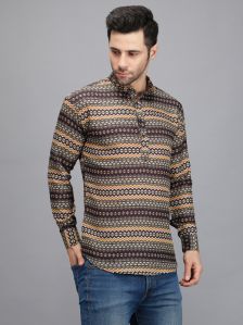 Black & Yellow Rajwadi Printed Men Short Kurta