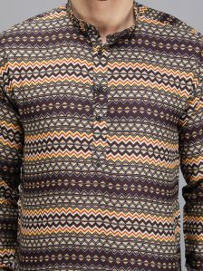 Black & Yellow Rajwadi Printed Men Short Kurta