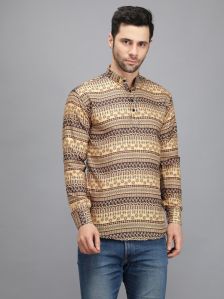 Yellow Rajwadi Printed Men Short Kurta