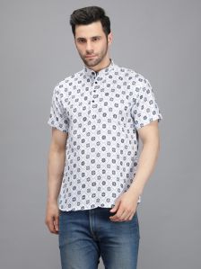 Men Navy Blue Mini Flower Printed Short Kurta