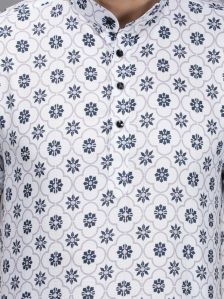 Men Navy Blue Mini Flower Printed Short Kurta