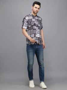 Men Short Sleeve Black Flower Box Printed Shirt