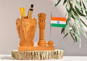 Elephant Design Wooden Pen Stand With Ashok Stambh And Indian Flag