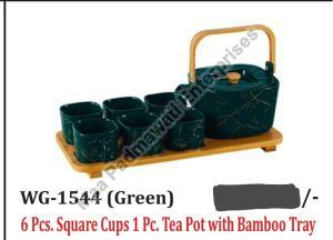 Tea Pot & Cup with Bamboo Tray Set of 8 Pcs