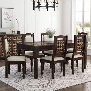 Niksa Royale Brass Inlay Solid Wood 6 Seater Dining Table Set