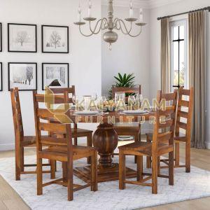 Round Solid Wood 6 Seater Dining Table Set