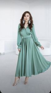 See Green Puff Sleeve Long Dress