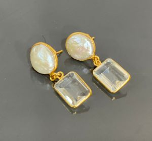 Crystal Stone Drop Stud Gold Brass Earrings
