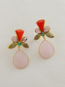 Pink Quartz Jasper Labradorite Gemstone Brass Earrings