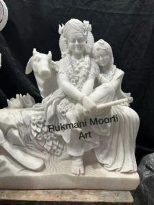 Marble Radha Krishna Statue with Cow