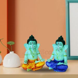 set of 2 small orange blue ganesh statue