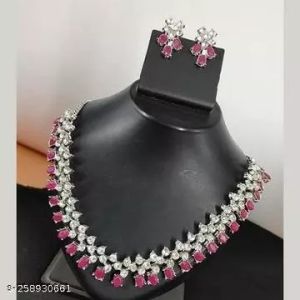 Fancy Pink Ruby Artificial Diamond Necklace Set