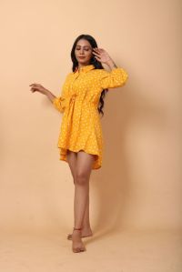 Amber Yellow and White Floral Printed Belted Shirt Dress