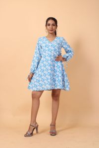 Sky Blue and White Floral Printed Mini Wrap Dress