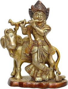 5 Inch Brass Krishna with Cow