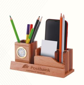 Wooden Desktop Organizer with Analog Clock