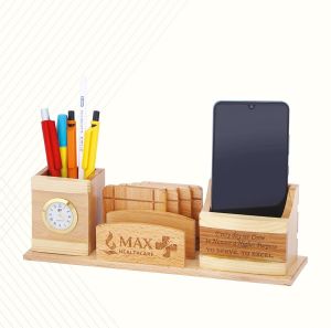 Wooden Desktop Organizer with Analog Clock