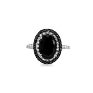 3 Ct Oval Shape Black And White Diamond Halo Engagement Ring