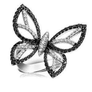 Black And White Diamond Butterfly Ring In 14k White Gold For Women's