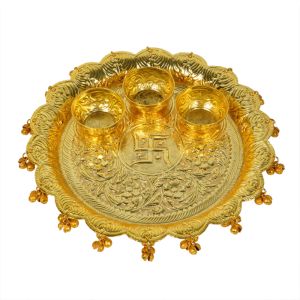 Swastik Golden Brass Pooja Thali with 3 Bowls