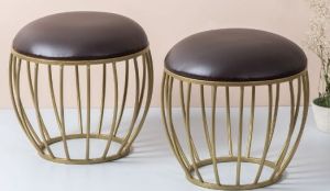 Leather Metallic Stool with Gold Cage Legs