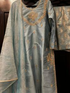 Raw silk cadet blue colour shirt with zardosi work on neck sleeves and chaak with crushed tissue dup