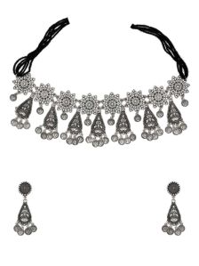 CNB31402 Silver Finish Oxidised Choker Necklace Set