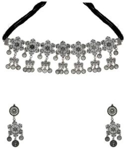 CNB31403 Silver Finish Oxidised Choker Necklace Set