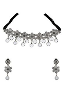 CNB31404 Silver Finish Oxidised Choker Necklace Set