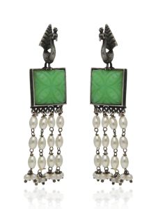 Mint Color Oxidised Long Earrings