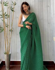 Green Bandhani Pleated Saree