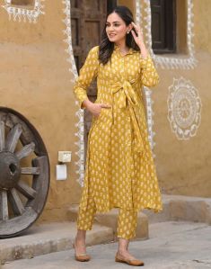 Mustard Tie Up Kurti And Pant Set