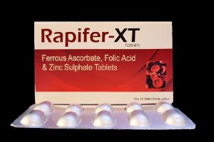 Ferrous Ascorbate 100mg + Folic Acid 1.5mg + Zinc 7.5mg Tablet :Rapifer XT Tablets