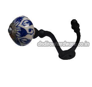 Ceramic blue pattern matte black cast iron coat hook