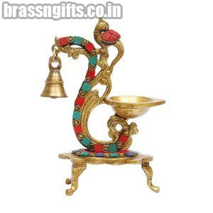 Brass Diya With Bell And Holding With Brass Table